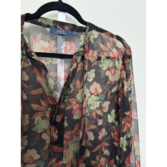 Polo Ralph Lauren Floral Silk Blouse Sheer Chiffon Tunic Length Tie Neck Size 4 - Picture 7 of 11